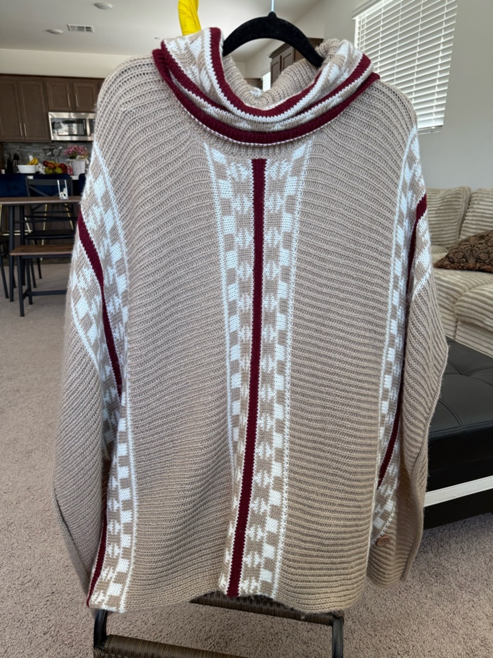 Turtleneck Patterned Ribbed Sweater - Beige with White & Burgundy Accents